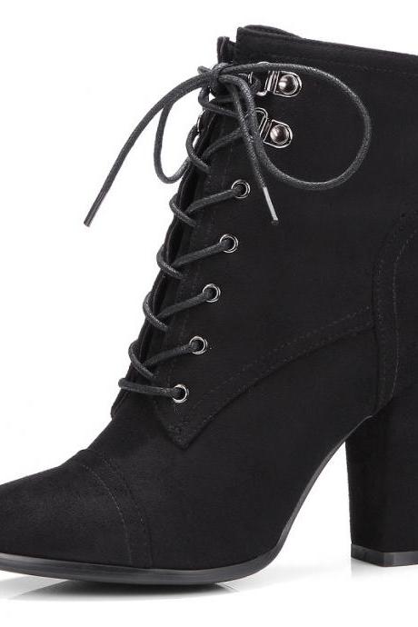 Pointed Lace Up Middle Chunky Heels Short Boots