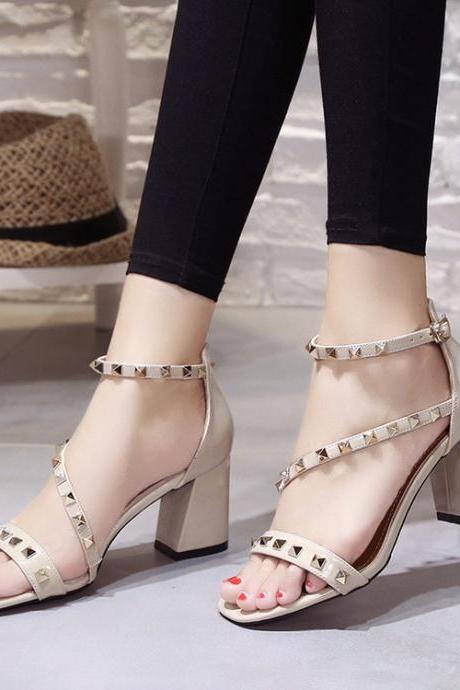 Open-toe Asymmetrical Ankle Strap Chunky Heels With Rivets