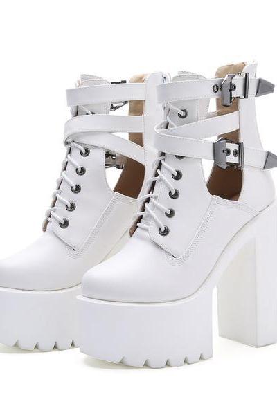 High Platform Cut Out Hasp Lace High Chunky Heels Short Martin Boots