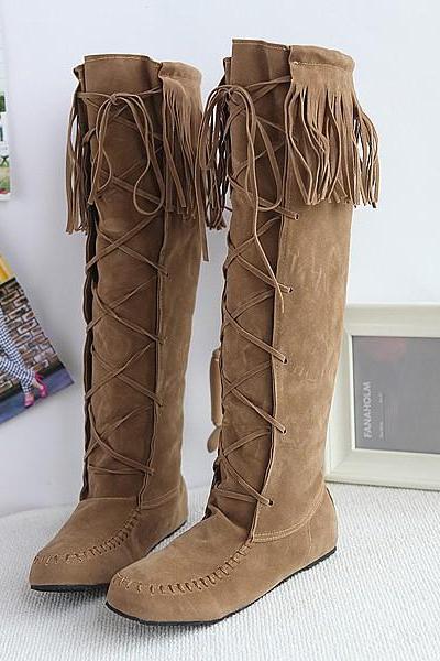 Tassels Lace Up Round Toe Suede Flat Knee-length Long Boots