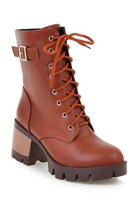 Round Toe Platform Low Chunky Heels Lace Up Short Boots