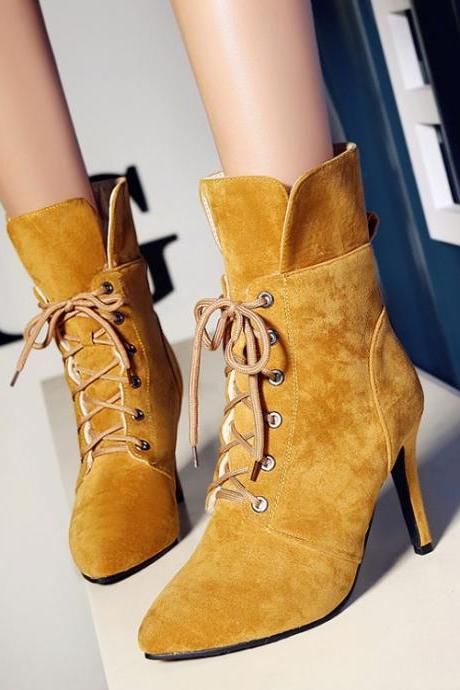 Pointed Toe Lace Up Solid Color Short High Heels Boots