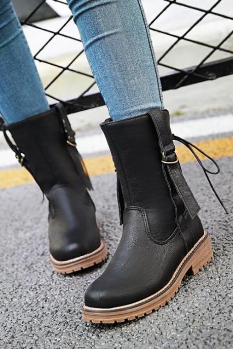 Back Lace Up Round Toe Low Chunky Heels Short Martin Boots