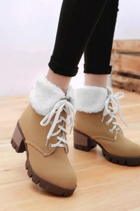 Curled Edge Lace Up Round Toe Low Chunky Heels Short Boots