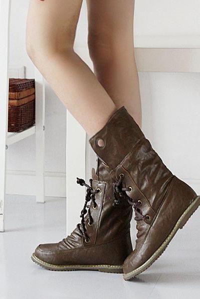 Warm Roman Motorcycle Round Toe Plat Lace Up Short Boots