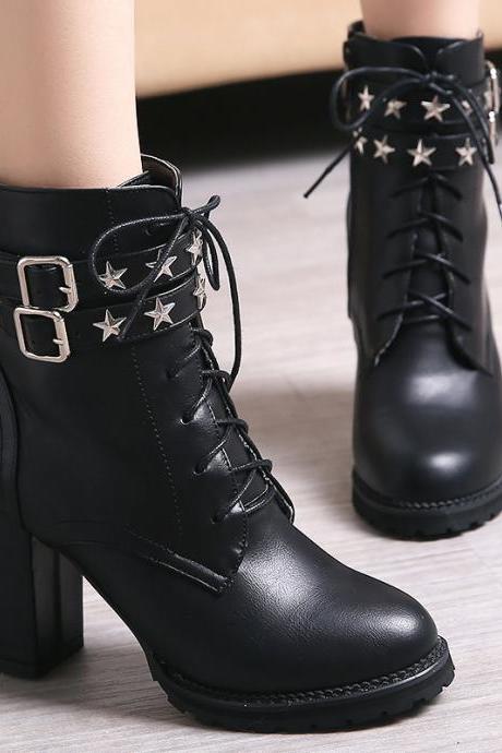 Rivets Hasp Lace Up Round Toe High Chunky Heels Short Boots