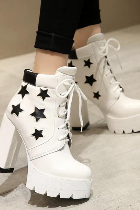 Star Decorate Platform Lace Up High Chunky Heels Short Boots