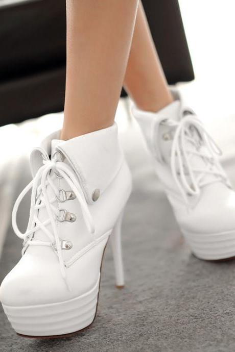 Curled Edge Lace UP Platform Stiletto High Heels Short Boots