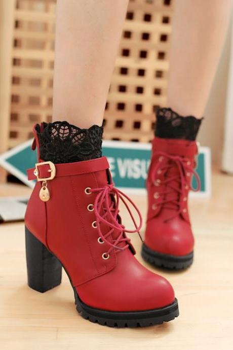 Lace Patchwork Lace Up Round Toe Middle Chunky Heels Short Boots