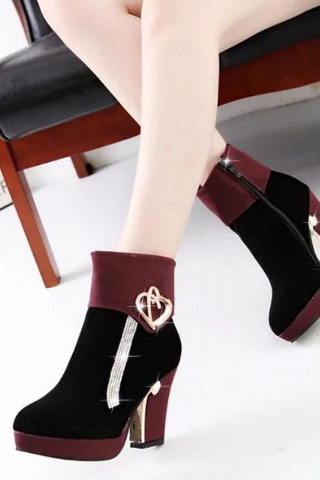 Crystal Metal Decorate Platform Middle Chunky Heels Short Boots
