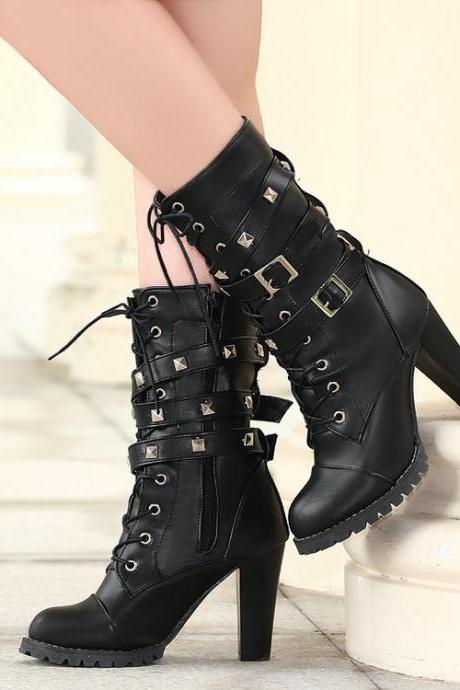 Straps Hasp Lace Up Round Toe High Chunky Heels Short Boots