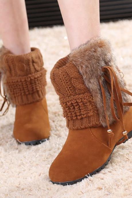 Beads Faux Fur Inside Wedge Heel Short Snow Boots