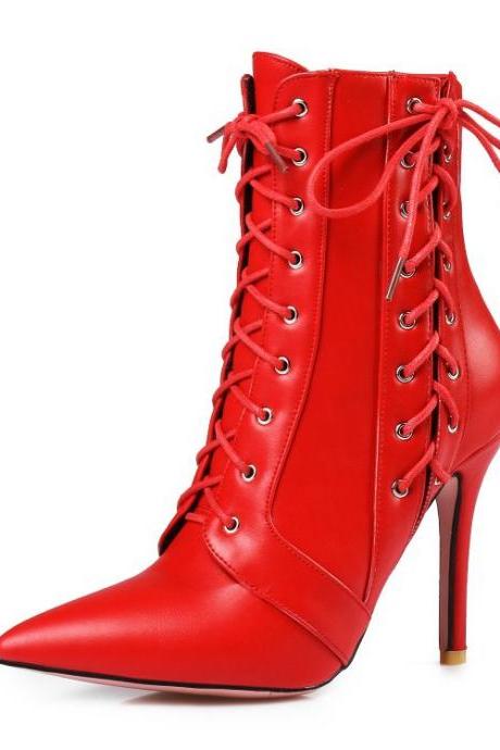 Patent Leather Lace-up Accent Pointed-toe High Heel Ankle Boots