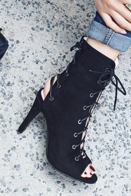 Peep Toe High Heel Ankle Boots Featuring Criss-Cross Lace-Ups
