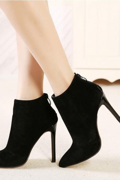 Faux Suede Pointed-Toe High Heel Ankle Boots Featuring Back Zipper 