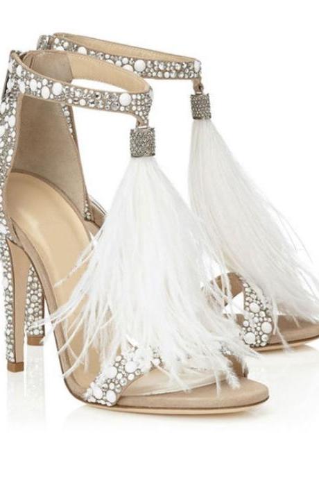 Open-Toe Beaded Ankle Strap Stilettos, High Heels with Feather Detailing