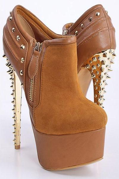 Rivets Side Zipper Platform Round Toe Super High Stiletto Heels Short Boots