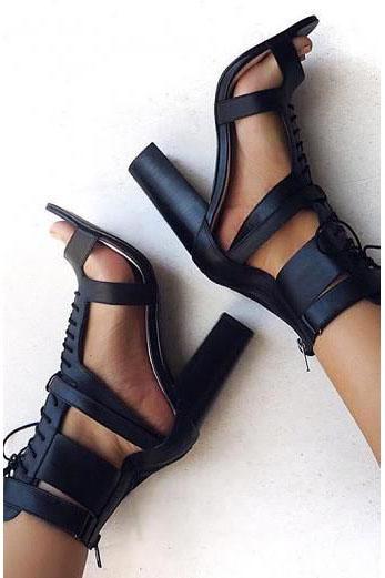 Lace Up Ankle Wraps Open Toe High Chunky Heels Sandals