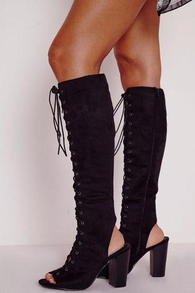 Lace Up Cut Out Peep Toe High Chunky Heels Long Boot Sandals