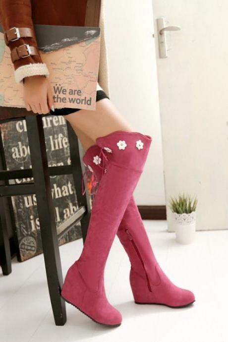 Flower Print Inside Wedge Heels Round Toe Over-knee Long Boots