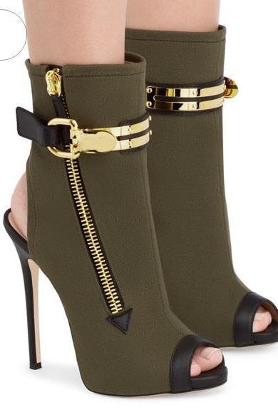 Army Green Peep-toe Buckled Stiletto Heel Ankle Boots