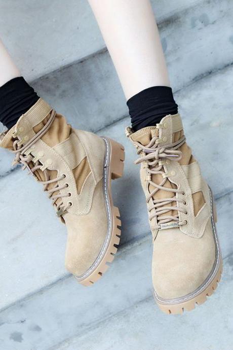 Retro Round Toe Lace Up Low Chunky Heels Short Martin Boots