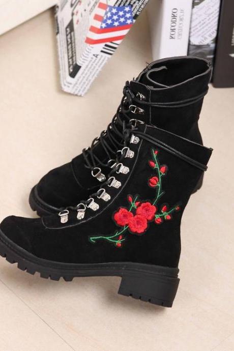 Floral Embroidered Round Toe Lace Up Low Chunky Heels Suede Martin Boots
