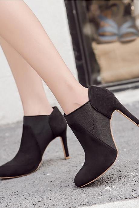 Patchwork Solid Color Pointed Toe Stiletto High Heels Short Boots
