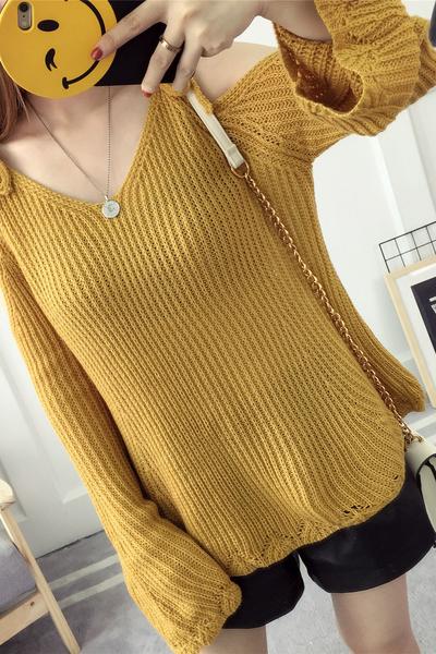 Knitted Plunge V Cold Shoulder Long Flared Sleeves Sweater