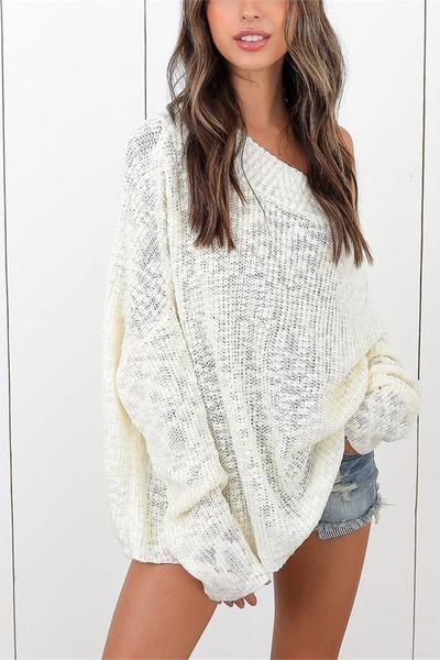 Boat Neckline Loose Long Sleeves Pure Color Sweater