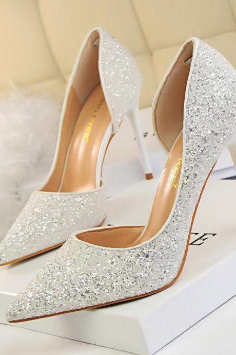 Shiny Pointed Toe Half-d’Orsay Stilettos, Party Shoes, Wedding Shoes