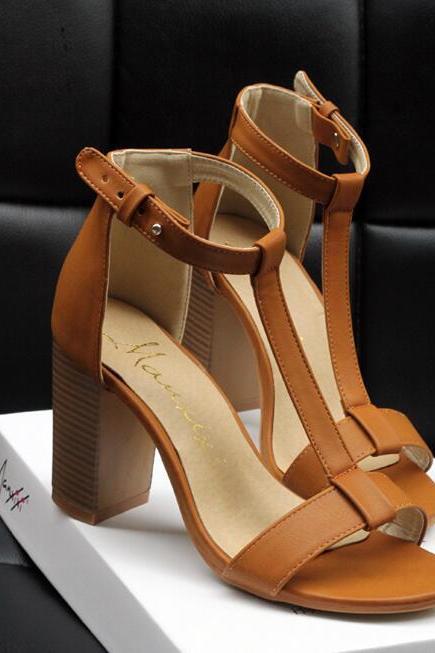 Black / Brown T-strap Chunky Block Heel Leather Sandals