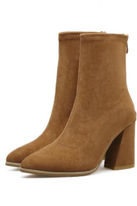 Faux Suede Pointed-toe Chunky Heel Mid-calf Boots Featuring Back Zipper