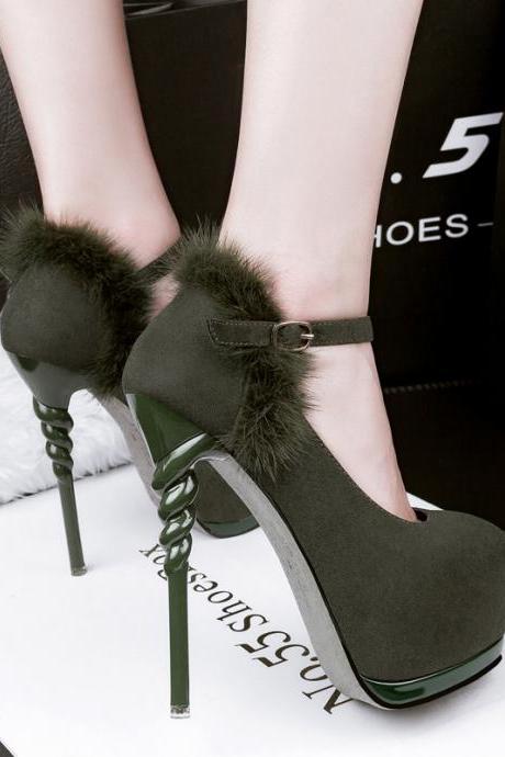 Round Toe Stiletto Pumps With Faux Fur And Twisted Stiletto Heel