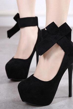 Ankle Bowknot Strap Round Toe Low Cut Stiletto High Heels
