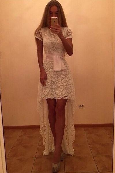 Lace Short Sleeves Low High Short Dress