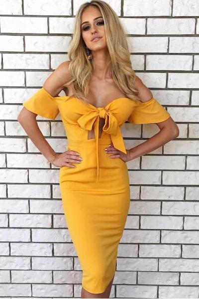 Candy Color Off Shoulder Straps Bowknot Knee-length Bodycon Dress
