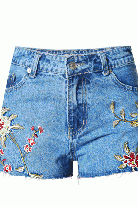 High Waist Embroidery Flower Split Shorts