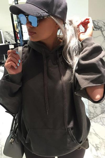 Pure Color Cut Out Long Sleeves Loose Sport Hoodies