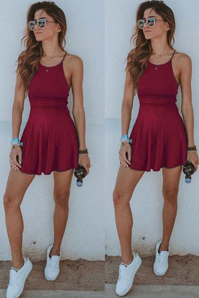 Solid Color Spaghetti Straps High Waist Pleated Short Dress