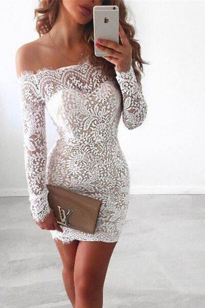 Off Shoulder Long Sleeves Short Bodycon Lace Dress