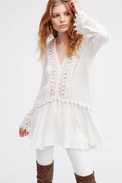 Deep V-neck Lace Patchwork Short Loose Pleated Dress