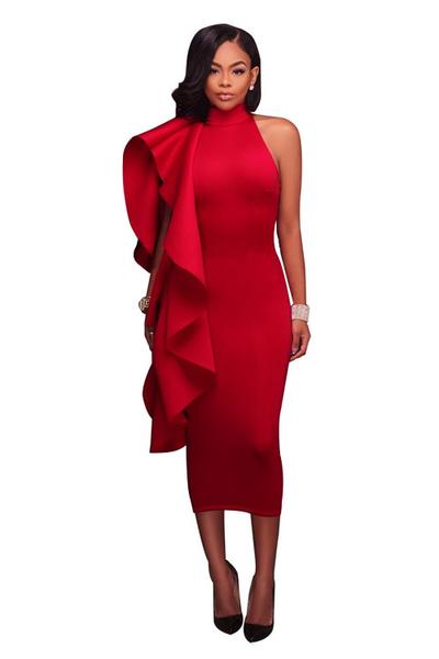 Ruffles Bear Shoulder Solid Color Tee-length Dress