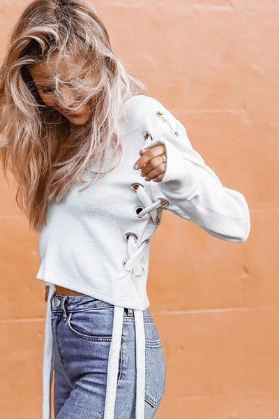 Lace-up Plunge V Long Cuffed Sleeves Cropped Sweatshirt