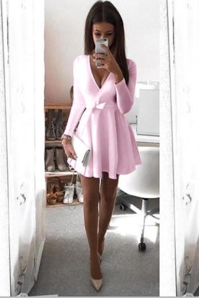 Candy Color Deep V-neck Long Sleeves Bowknot Short Pleated Dress