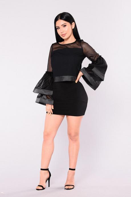 Transparent Long Trumpet Sleeves Blouse With Short Bodycon Skirt Two Pieces Set