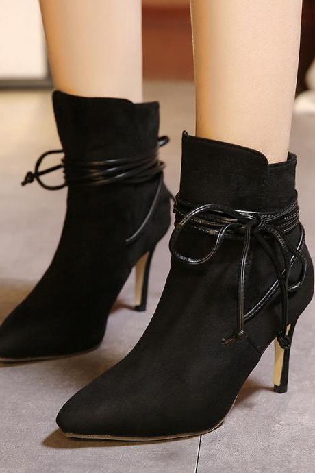 Pointed Toe Strap Lace Up Stiletto Middle Heel Short Boots