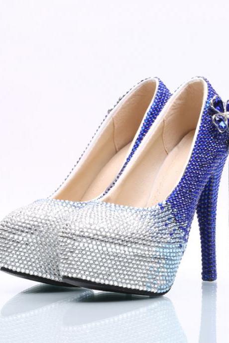 Gradient Blue Crystal Rhinestone Platform Super Stiletto High Heels Party Shoes