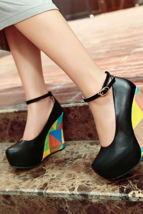 Round Toe Platform Ankle Wrap Wedge Shoes