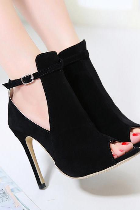 Faux Suede Peep-toe High Heel Ankle Boots Featuring Cutouts